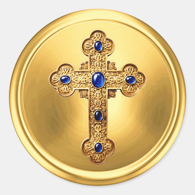 Ornate Cross on Gold Envelope Seal Sticker Blue (Front)