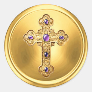 Ornate Cross on Gold Envelope Seal Sticker Purple