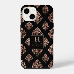 Ornate Damask Pattern Monogram Rose Gold Black iPhone 14 Case