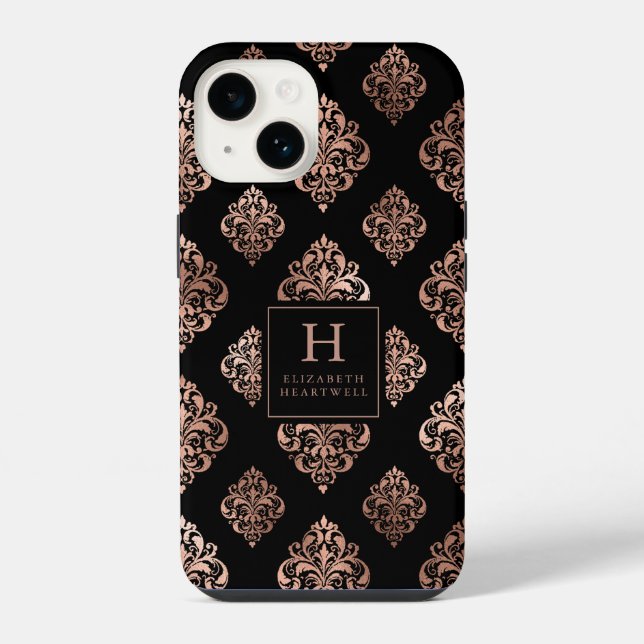 Ornate Damask Pattern Monogram Rose Gold Black iPhone Case (Back)