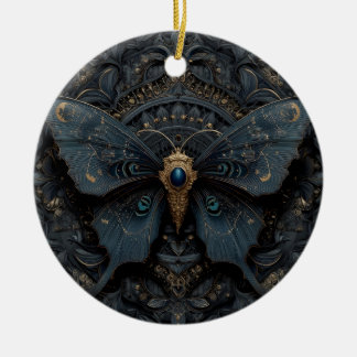 Ornate Dark Blue Butterfly with Gold Filigree Ceramic Tree Decoration