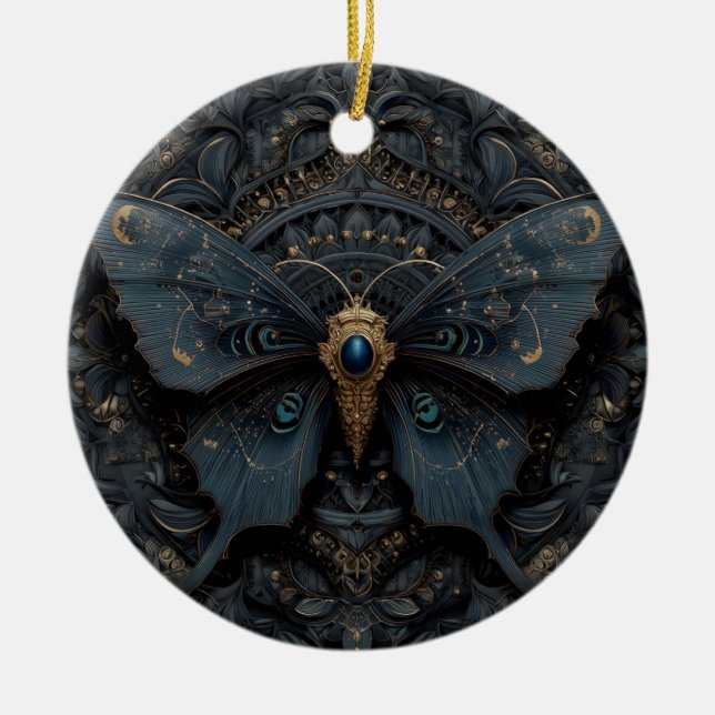 Ornate Dark Blue Butterfly with Gold Filigree  Ceramic Tree Decoration (Front)