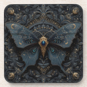 Ornate Dark Blue Butterfly with Gold Filigree Coaster
