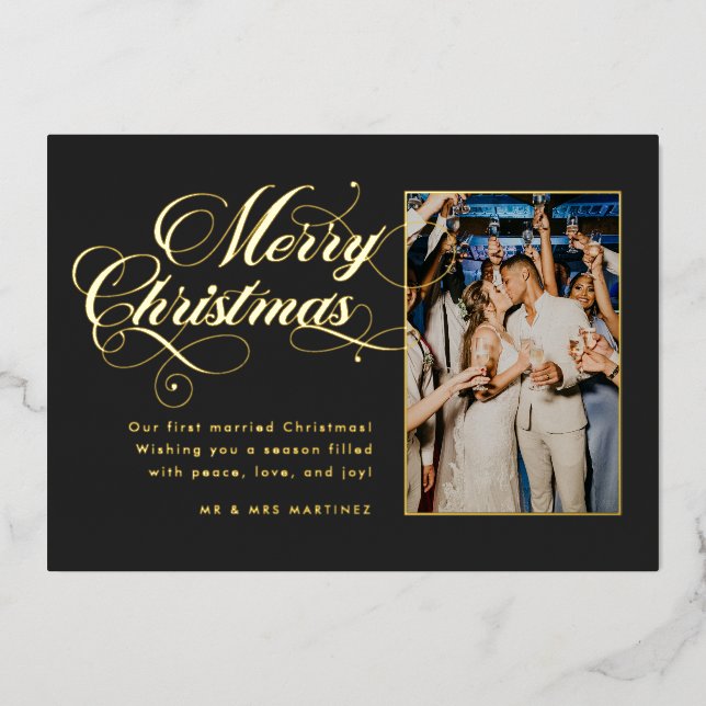 Ornate Dark Grey Merry Christmas Foil Holiday Card (Front)