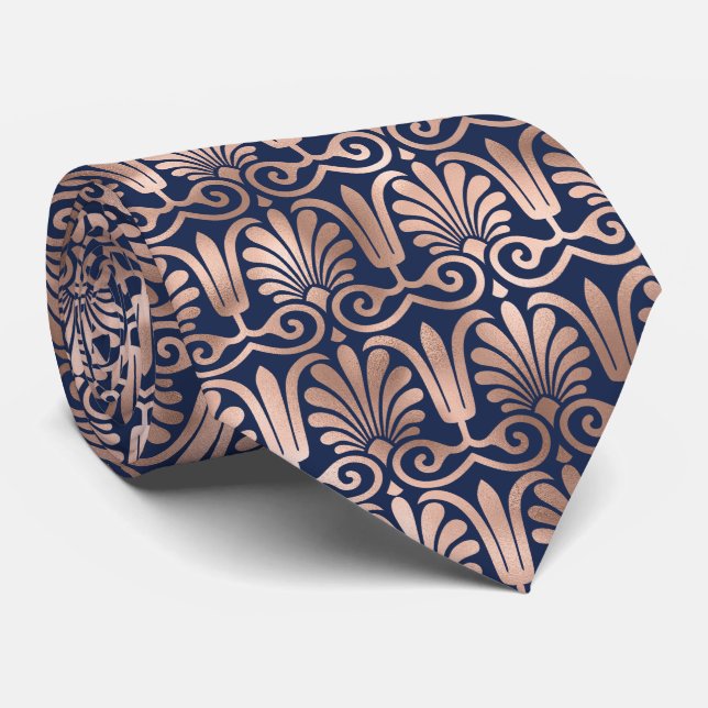 Ornate Deco Pattern Rose Gold Navy Blue Tie (Rolled)