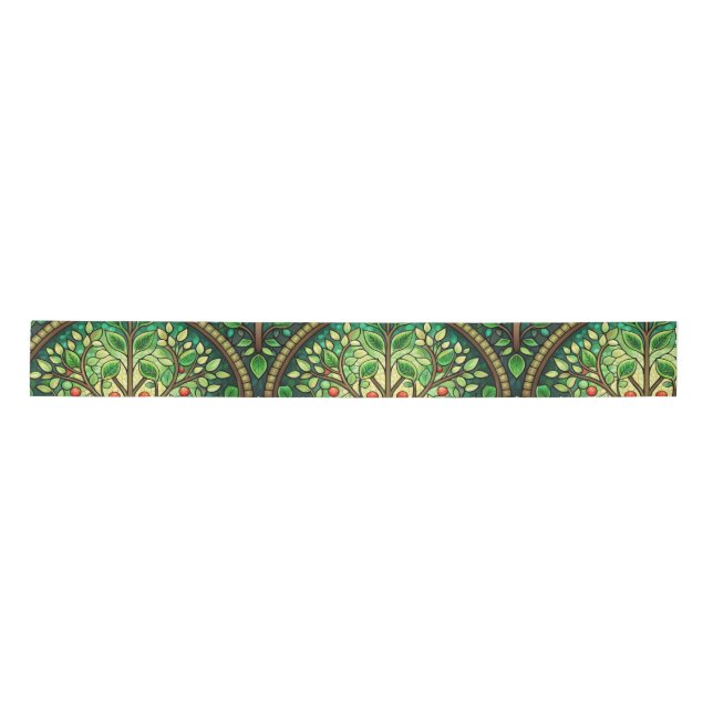 Ornate design featuring green and gold symmetrical satin ribbon (Front)