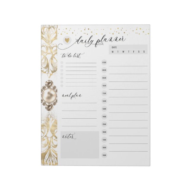 Ornate Elegance | Gold Pearl Jewel Daily Planner Notepad (Rotated)
