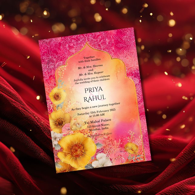 Ornate Elegant Colorful Floral Indian Wedding Invitation (colorful indian arch with flowers, wedding invitation)