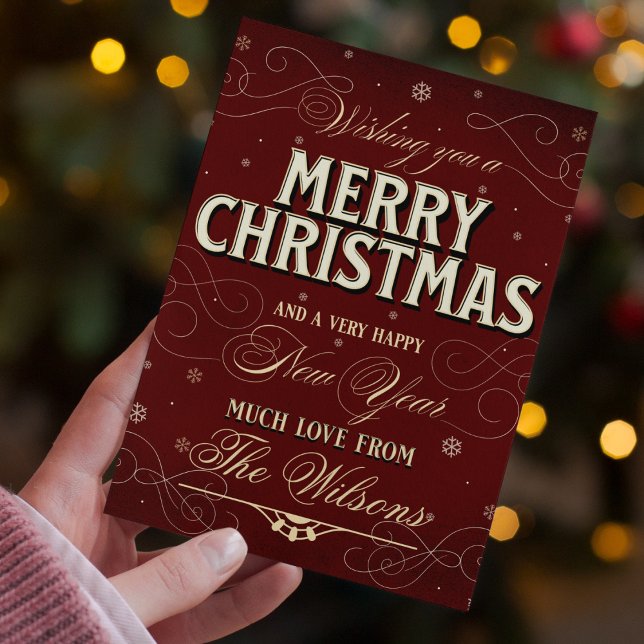 Ornate Elegant Traditional Photo Red Christmas  Holiday Card (red merry christmas ornate elegant traditional holiday card script writing with photo back)