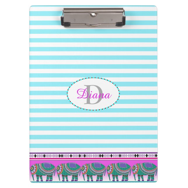 Ornate Elephant Turquoise Stripped Personalised Clipboard (Front)