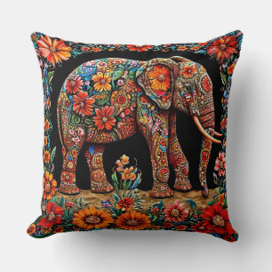 Ornate Elephant With Vibrant Floral Patterns Cushion