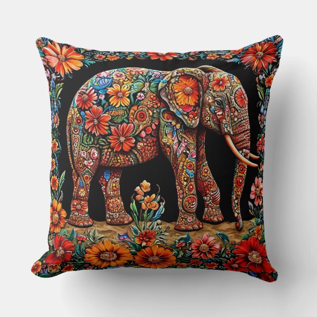 Ornate Elephant With Vibrant Floral Patterns Cushion (Front)