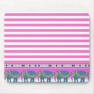 Ornate Elephants Pink Stripped Trendy Mouse Pad