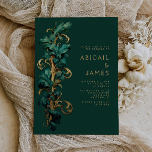 Ornate Emerald Green Gold Rococo Foliage Wedding Invitation