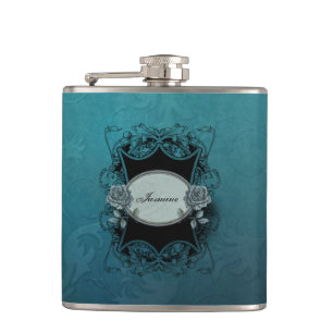 Ornate Engraved Blue Damask Hip Flask