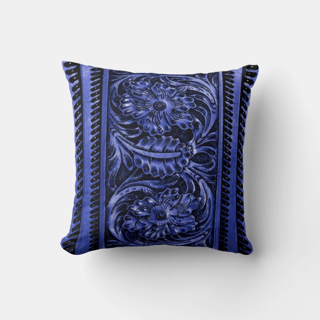Ornate Faux Tooled Leather Floral | cobalt blue Cushion (Front)