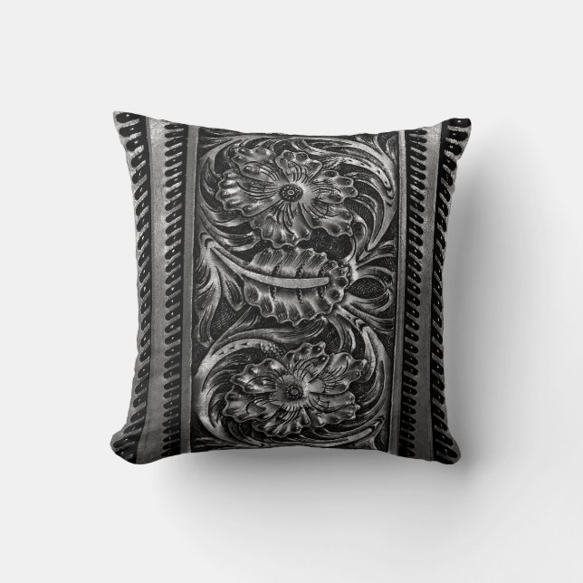 Ornate Faux Tooled Leather Floral | gunmetal Cushion (Front)