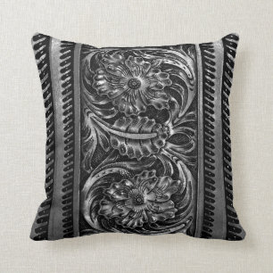Ornate Faux Tooled Leather Floral gunmetal Cushion
