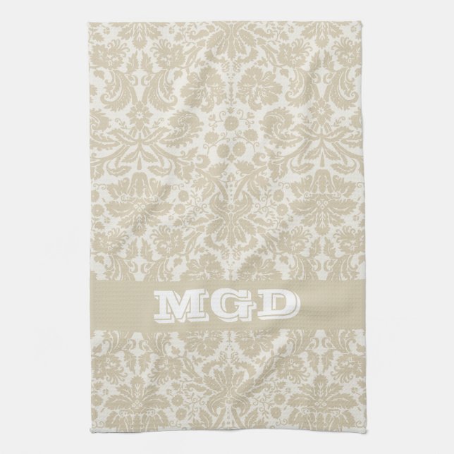 Ornate floral art nouveau pattern beige monogram tea towel (Vertical)