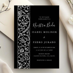 Ornate Floral Black & White Nuestra Boda Wedding Invitation