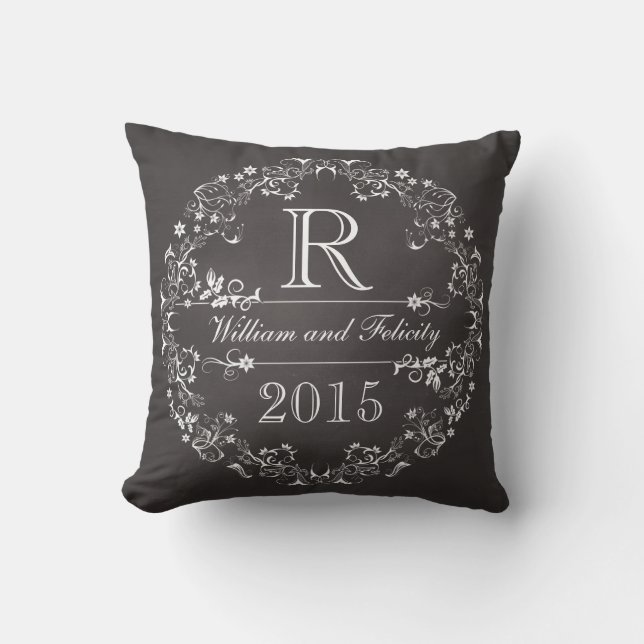 Ornate Floral Chalkboard Monogram Wedding Year Cushion (Front)