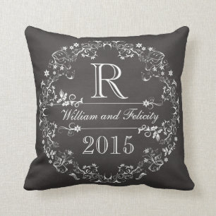 Ornate Floral Chalkboard Monogram Wedding Year Cushion