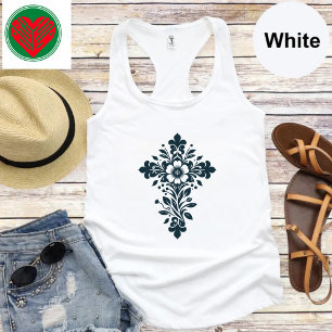 Ornate Floral Cross Christian Faith T-Shirt Singlet