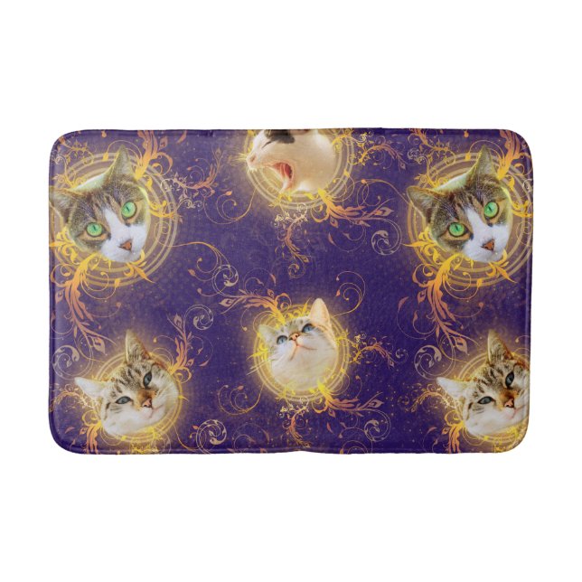 Ornate Floral Damask Cute Kitty Cat - Royal Purple Bath Mat (Front)
