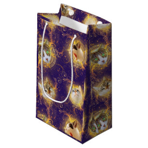 Ornate Floral Damask Cute Kitty Cat - Royal Purple Small Gift Bag