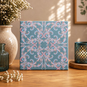 Ornate Floral Filigree Tile in Teal Blue