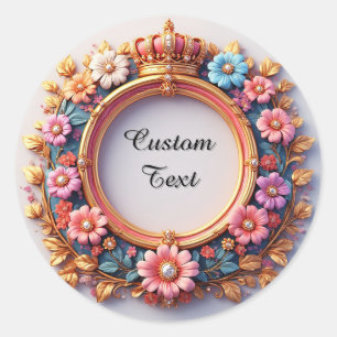 Ornate Floral Frame With Jewelled Crown Classic Round Sticker
