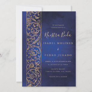 Ornate Floral Gold Blue Nuestra Boda Wedding Invitation