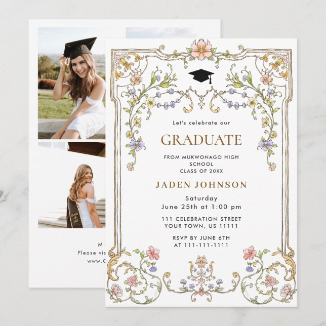 Ornate Floral Grace Boho 4 Photo Graduation Party Invitation (Front/Back)