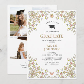 Ornate Floral Grace Boho 4 Photo Graduation Party Invitation