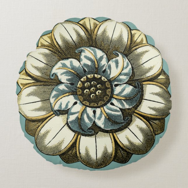 Ornate Floral Medallion on Light Blue Background Round Cushion (Front)