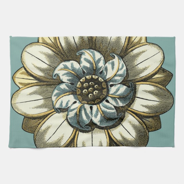 Ornate Floral Medallion on Light Blue Background Tea Towel (Horizontal)