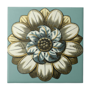 Ornate Floral Medallion on Light Blue Background Tile