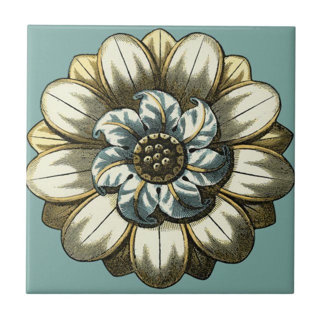 Ornate Floral Medallion on Light Blue Background Tile (Front)