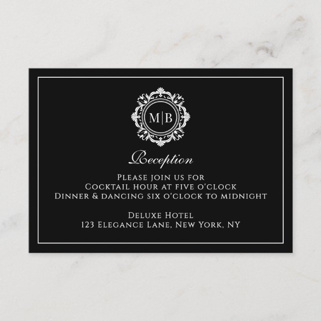 Ornate Floral Monogram Black Reception Wedding Enclosure Card (Front)