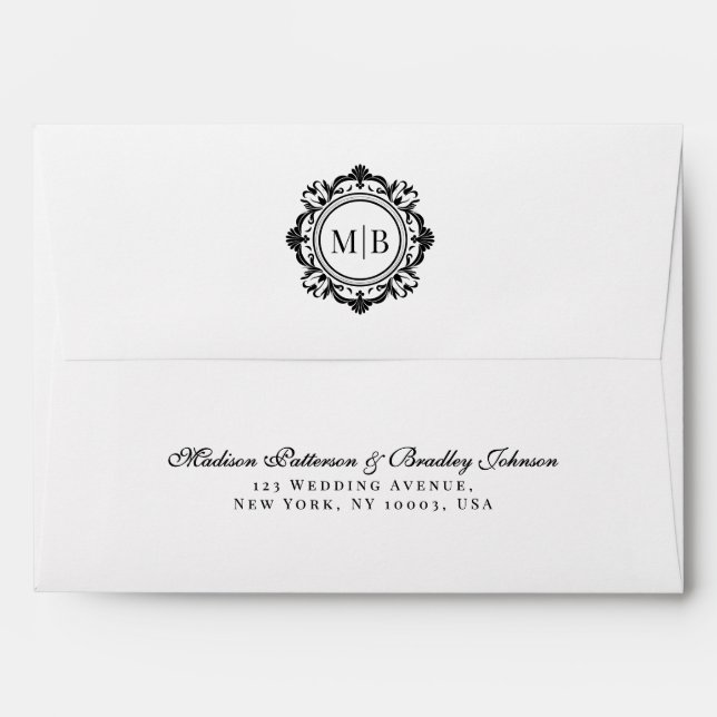 Ornate Floral Monogram Black White Wedding Envelope (Back (Top Flap))