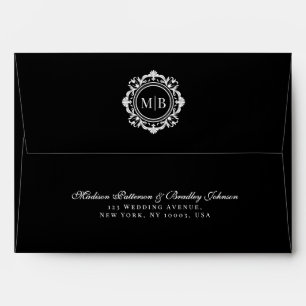 Ornate Floral Monogram Black White Wedding Envelope