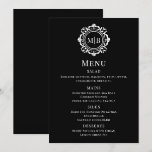 Ornate Floral Monogram Black White Wedding Menu