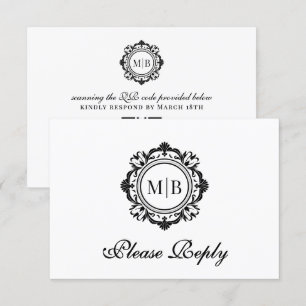 Ornate Floral Monogram Black White Wedding RSVP Card