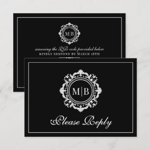 Ornate Floral Monogram Black White Wedding RSVP Card