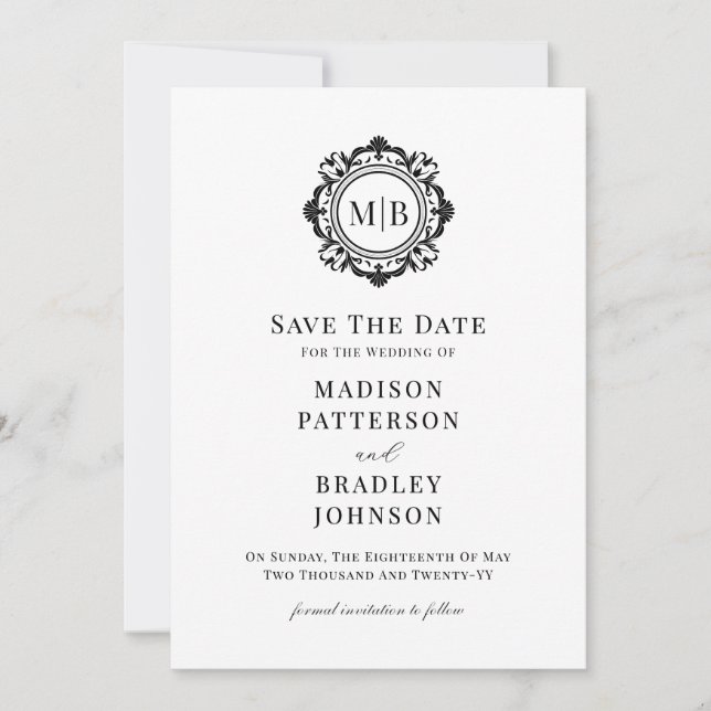 Ornate Floral Monogram Black White Wedding Save The Date (Front)