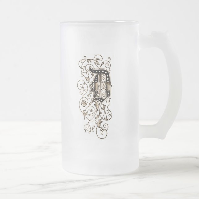Ornate Floral Monogram 'D' - Frosted Glass Beer Mug (Right)