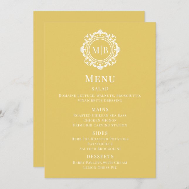 Ornate Floral Monogram Gold Wedding Menu (Front/Back)