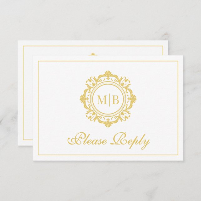 Ornate Floral Monogram Gold Wedding RSVP Card (Front/Back)