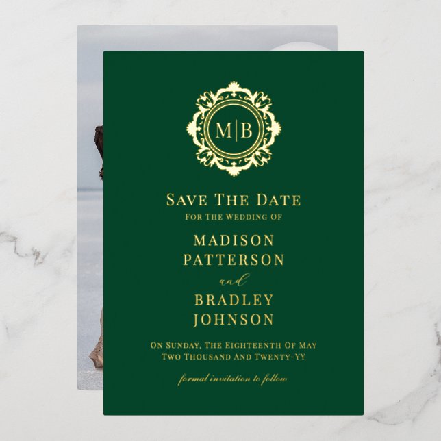 Ornate Floral Monogram Photo Wedding Save The Date (Front/Back)
