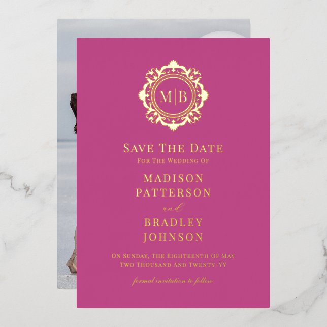 Ornate Floral Monogram Photo Wedding Save The Date (Front/Back)